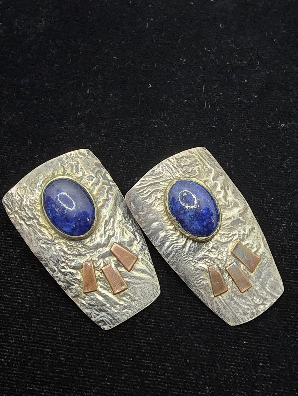 Sterling Lapis Modernist Earrings Mixed Metal Pierced Studio Artisan Handmade